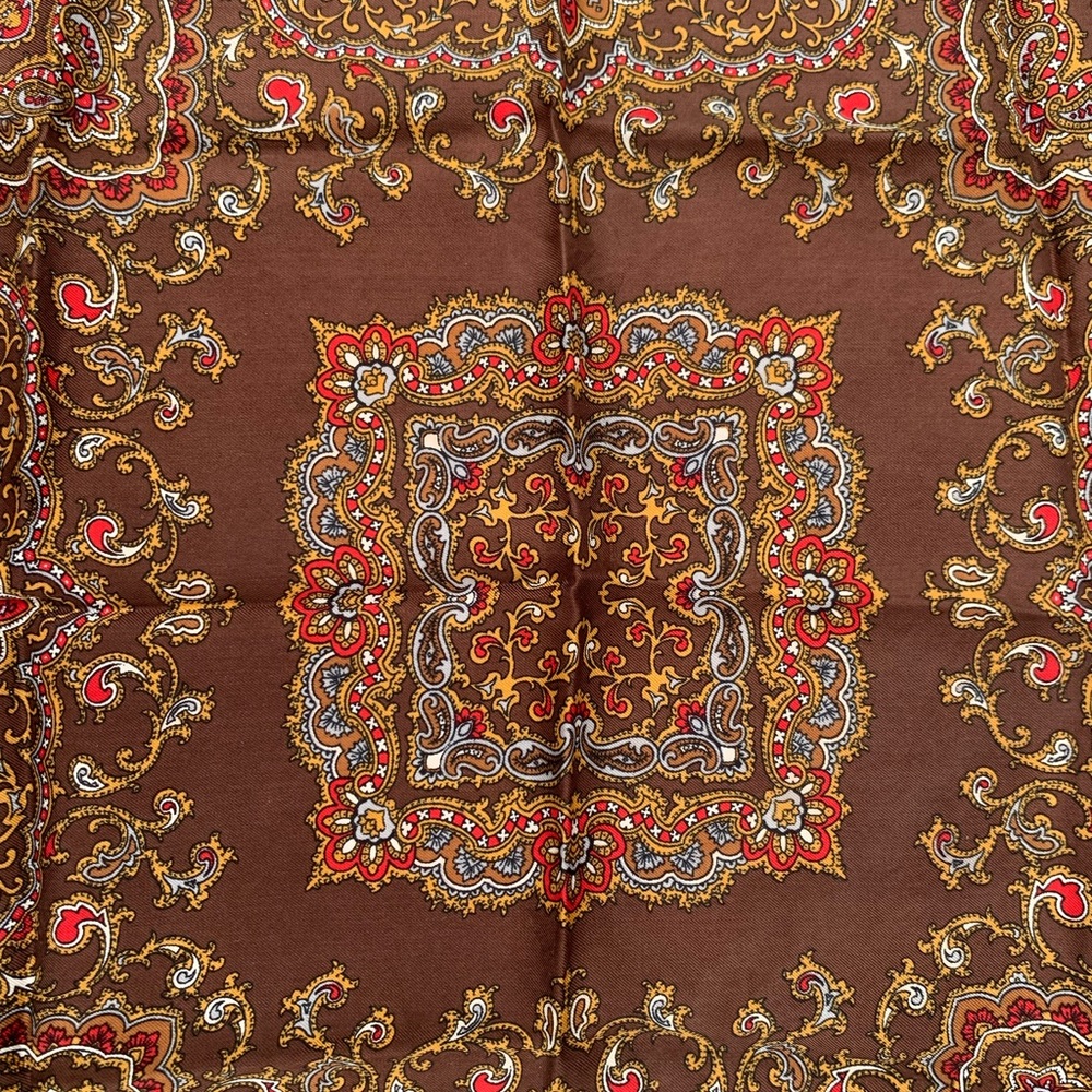 Vintage Burmel Silk Scarf- Hand-rolled, made in Italy Paisley Brown, red, yellow
